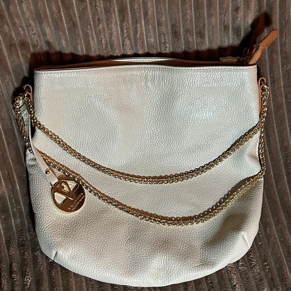 Valentina Italian Leather Double Entry Cream Shoulder Bag with Gold Accents